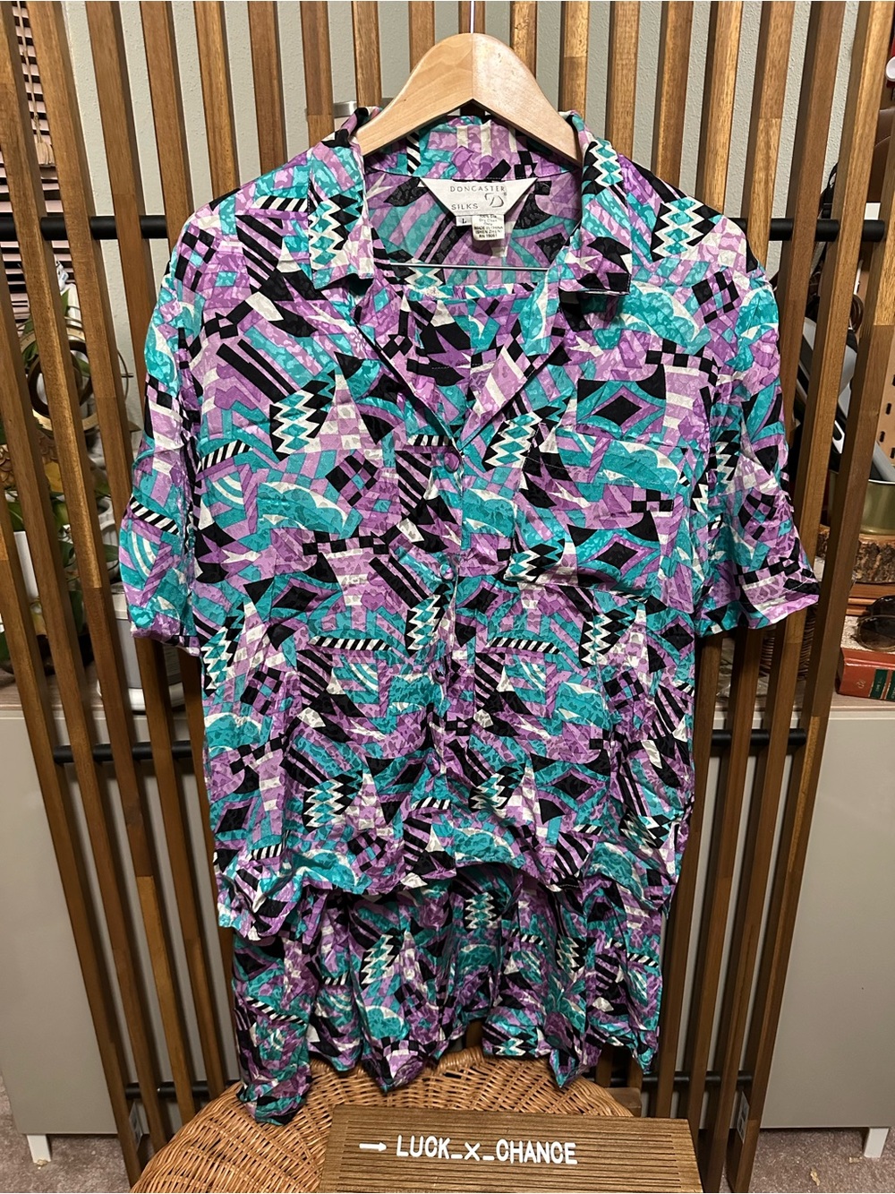 Vintage Doncaster Silks Geometric Abstract 2pc Skirt Blouse Set L 16